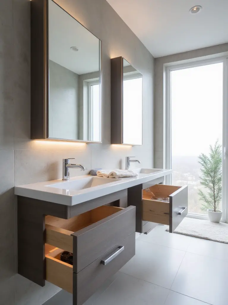 Modern bathroom with concealed storage, floating vanity, and hidden compartments showcasing clean and minimalist design
