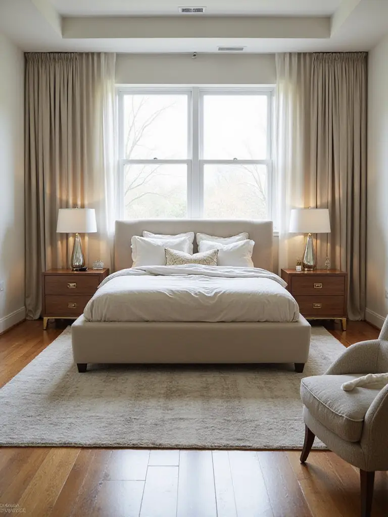 Optimized bedroom furniture placement with clear pathways and natural light
