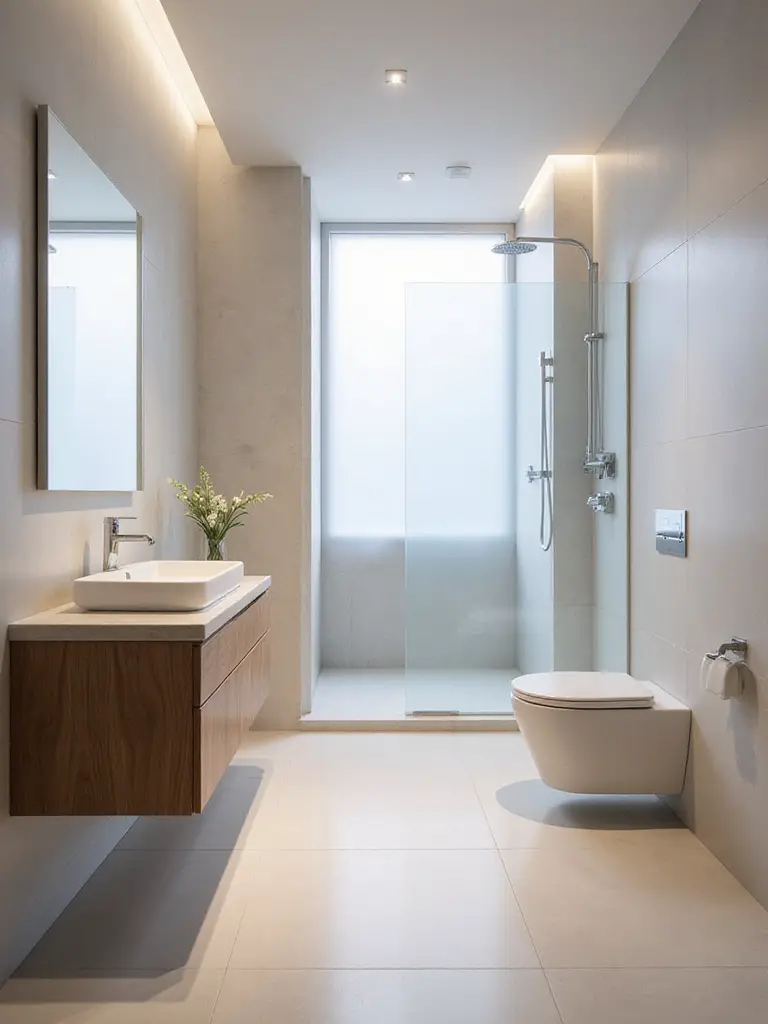 Modern bathroom with optimized layout featuring floating vanity, corner toilet, and curbless walk-in shower for uncluttered functionality and flow