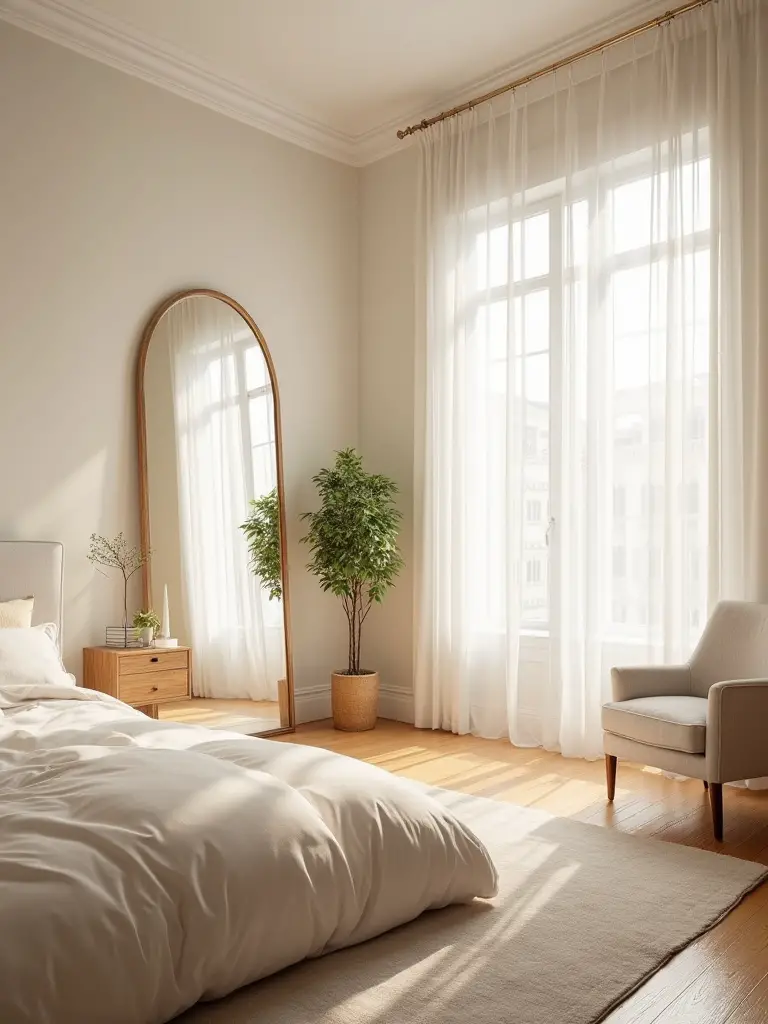 Bright and inviting bedroom with optimized natural light and elegant decor.