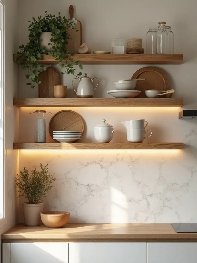 A beautifully designed kitchen with optimized shelf height displaying decor and kitchenware.