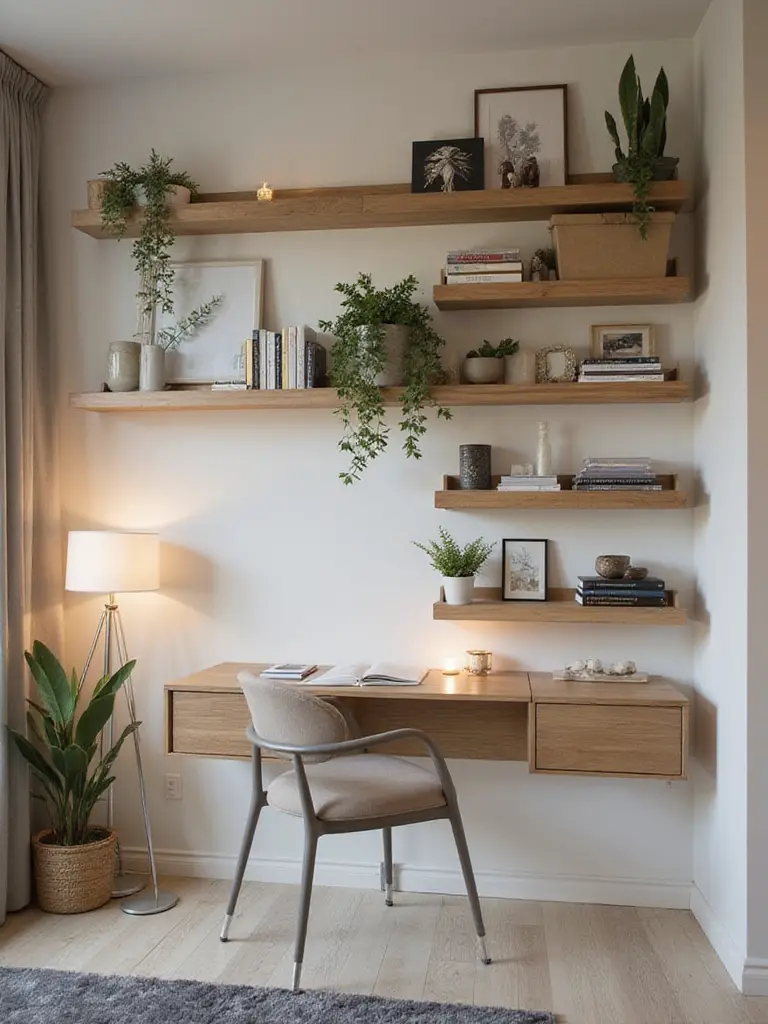 Stylish bedroom with optimized wall-mounted storage solutions, showcasing floating shelves and a wall-mounted desk.