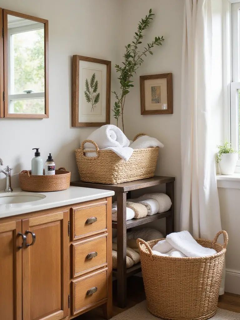 Rustic bathroom corner with woven baskets and trays used for organized natural storage