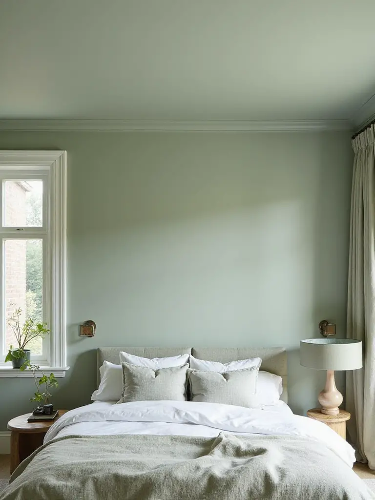 Bedroom with strategically painted ceiling in soft sage green, emphasizing height