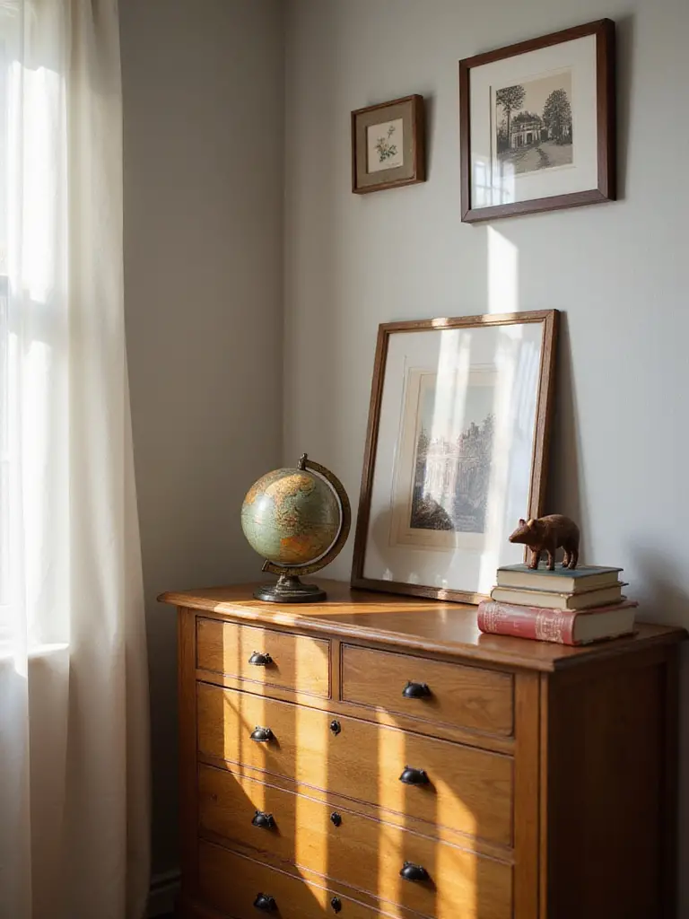 Cozy apartment bedroom corner with vintage postcards, an antique globe, and hand-carved accessories displayed on a wooden dresser