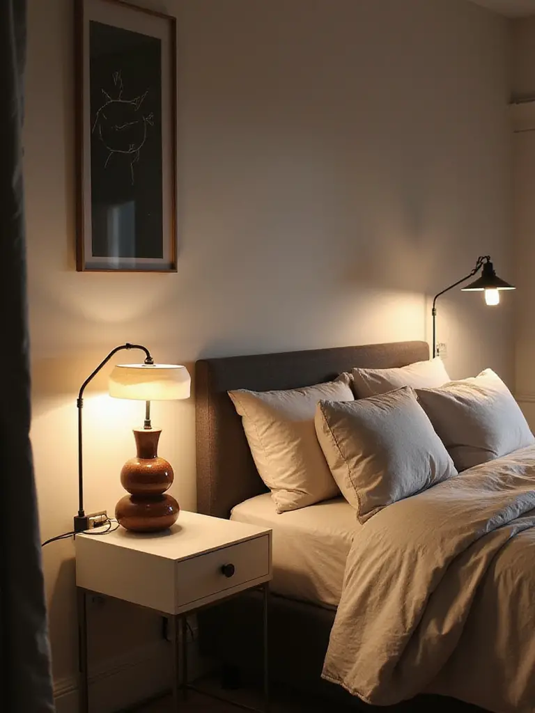 A beautifully styled bedroom featuring statement bedside lamps, highlighting their design and lighting effects.