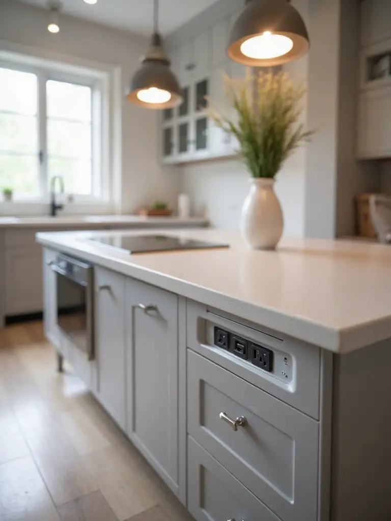 Modern kitchen island with built-in power outlets and USB ports for device charging, sleek and clutter-free design