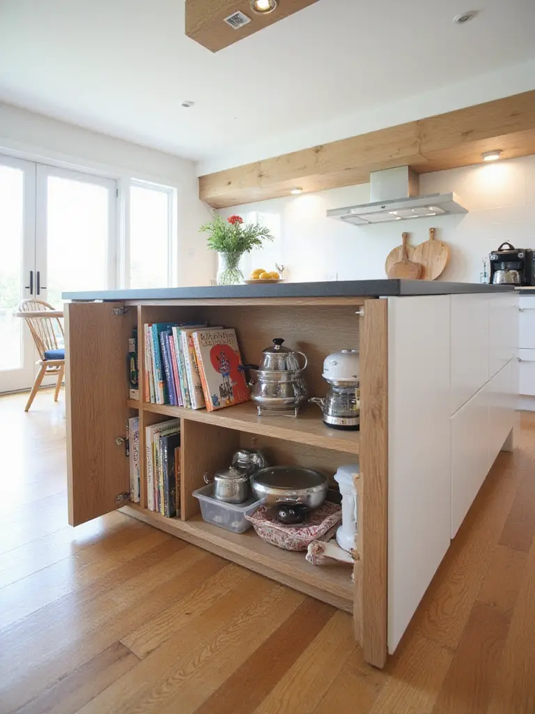 Modern kitchen island with integrated smart storage for cookbooks and specialized kitchen gadgets, clean and organized design