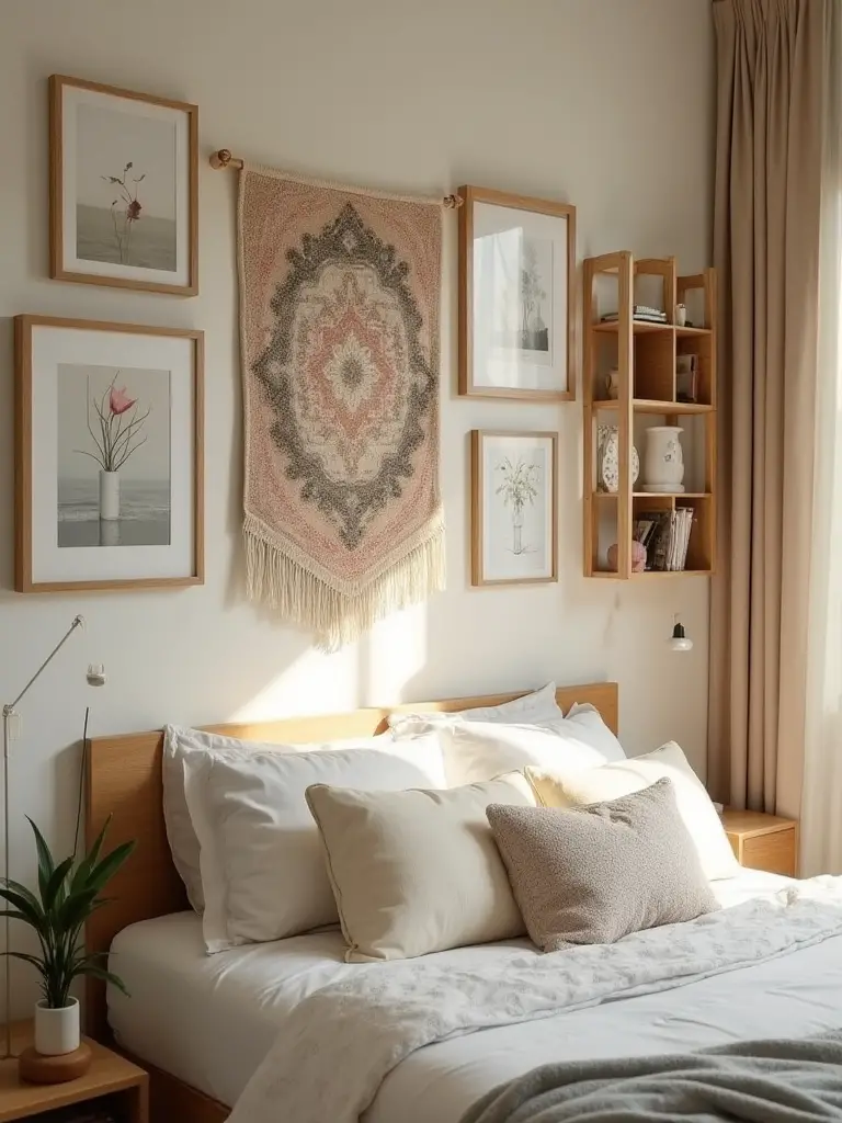 A stylish bedroom wall featuring various interchangeable decor elements including art prints and shelves.