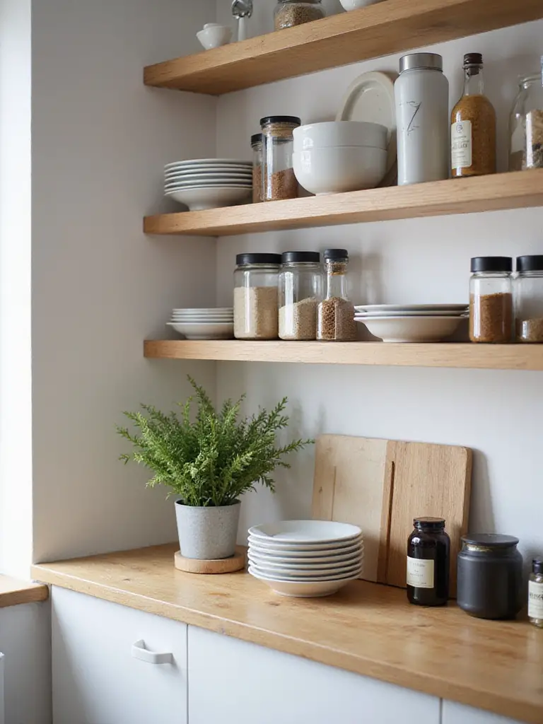 Organized kitchen shelves with essential items displayed clearly.