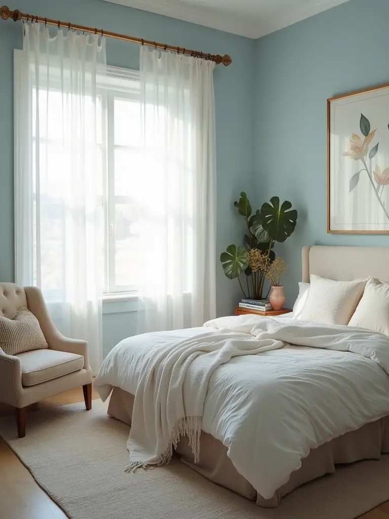 A serene bedroom with soft blue walls, cozy bedding, and natural light, designed for relaxation and sleep.