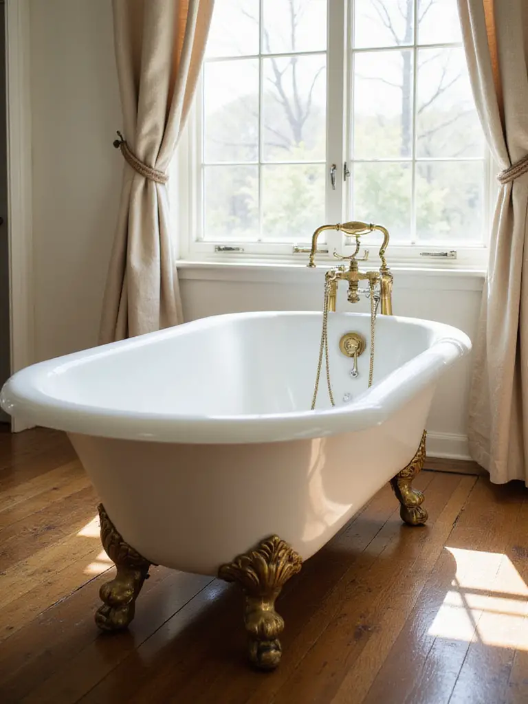 Portrait photo of a rustic farmhouse bathroom showcasing a white clawfoot bathtub with antique brass fixtures and wooden flooring