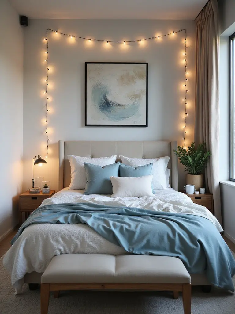 Personalized cozy apartment bedroom with calming colors and layered lighting creating a sleep sanctuary