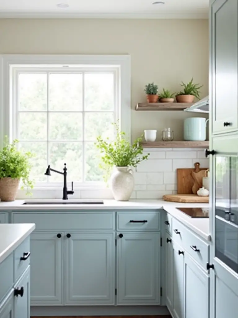 Freshly painted cabinetry in a modern kitchen with natural light.