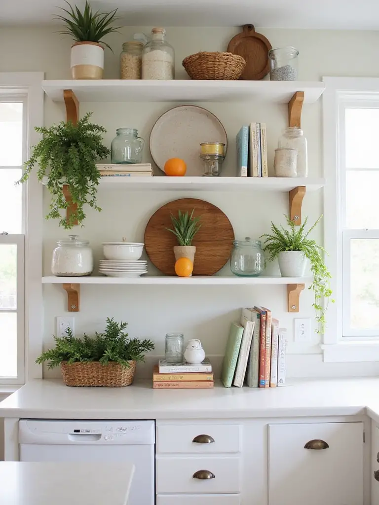 Styled kitchen shelf with seasonal decor changes for spring, summer, fall, and winter.