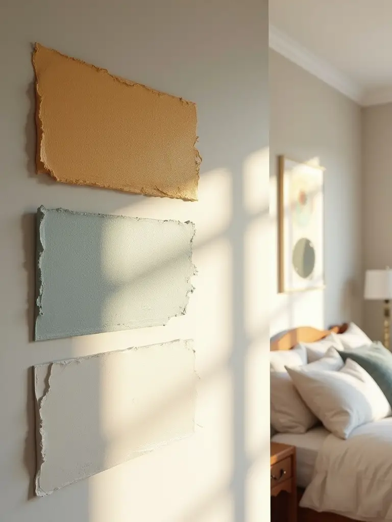 Bedroom wall with large paint swatches in natural light showcasing color variations.