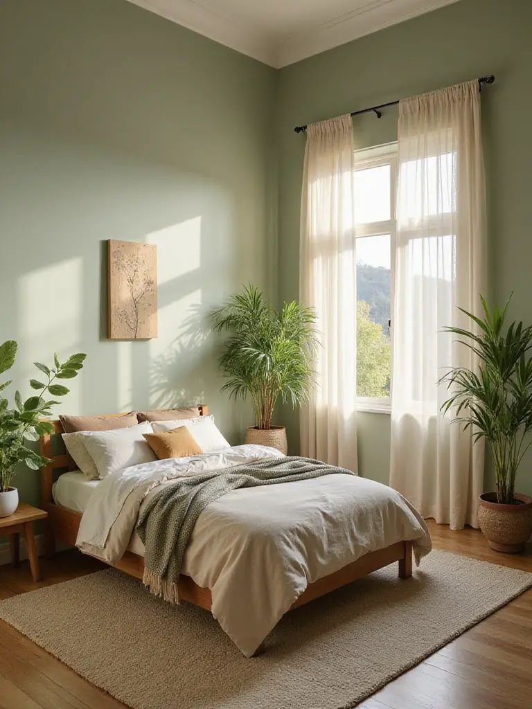 A calming bedroom painted in biophilic colors, showcasing natural light and earthy decor.