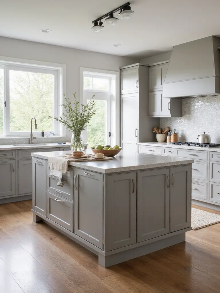 Kitchen island with complementary base finishes and cabinetry matching surrounding decor in a modern kitchen
