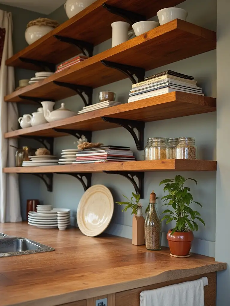 Organized kitchen shelf made from solid hardwood with cookbooks and ceramic plates.