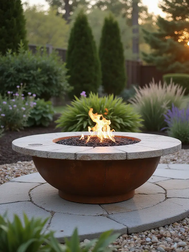 A beautifully designed outdoor firepit made from durable materials surrounded by a landscaped garden.