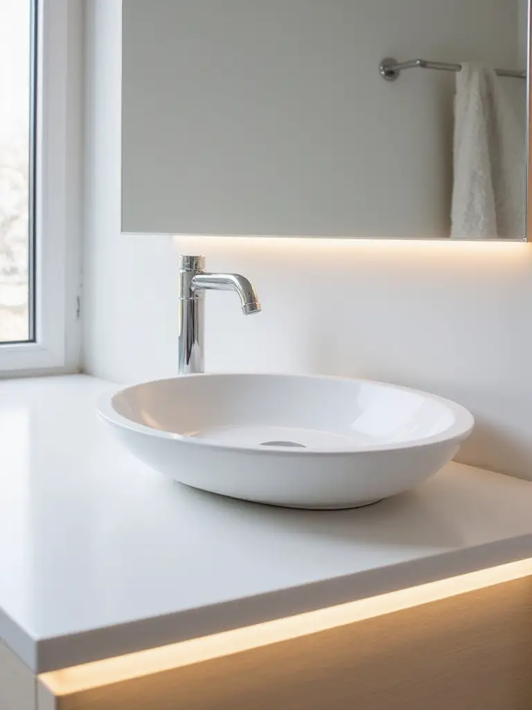 Portrait photo of a modern bathroom vanity with a seamless integrated sink and countertop in a minimalist style