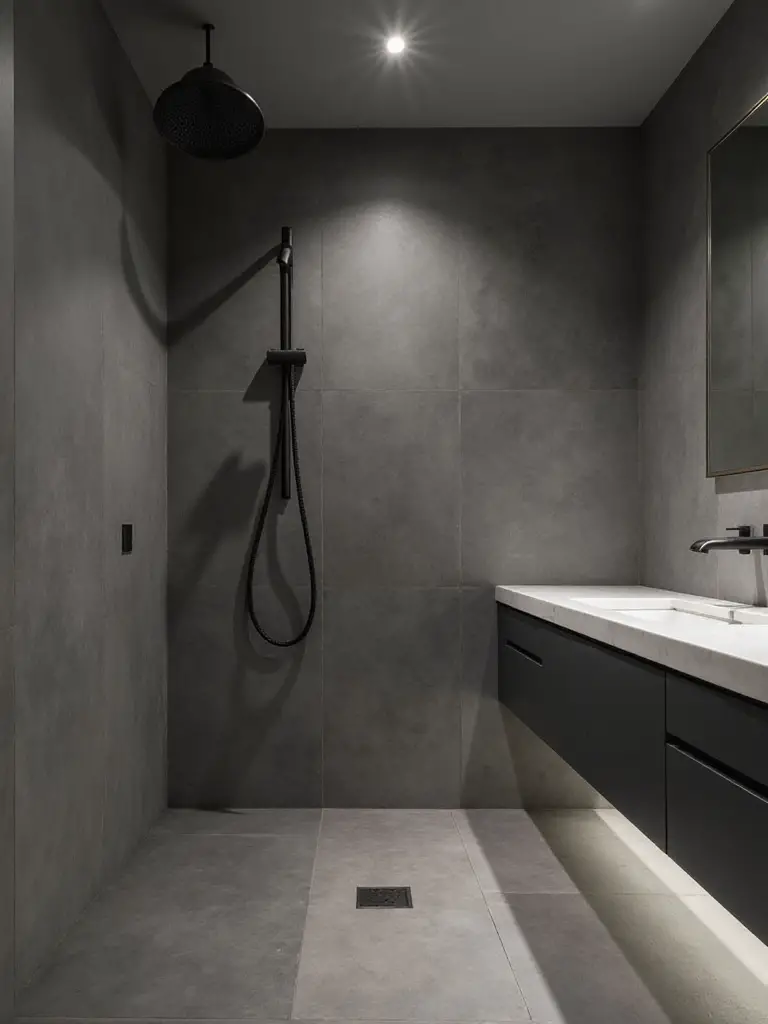 Modern bathroom interior featuring matte black fixtures, matte grey tiles, and white quartz countertop with soft ambient lighting