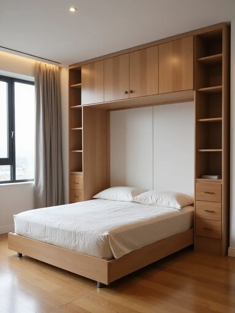 Modern apartment bedroom with multi-functional Murphy bed and integrated desk showcasing dual-purpose furniture efficiency