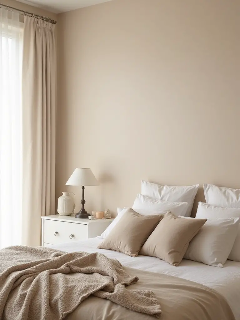Cozy bedroom with egg-shell painted walls and soft lighting