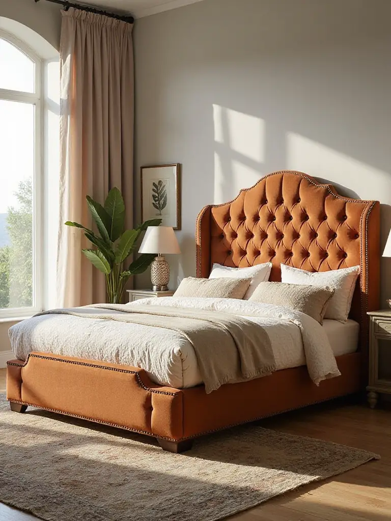 Luxurious upholstered bed frame in a beautifully styled bedroom