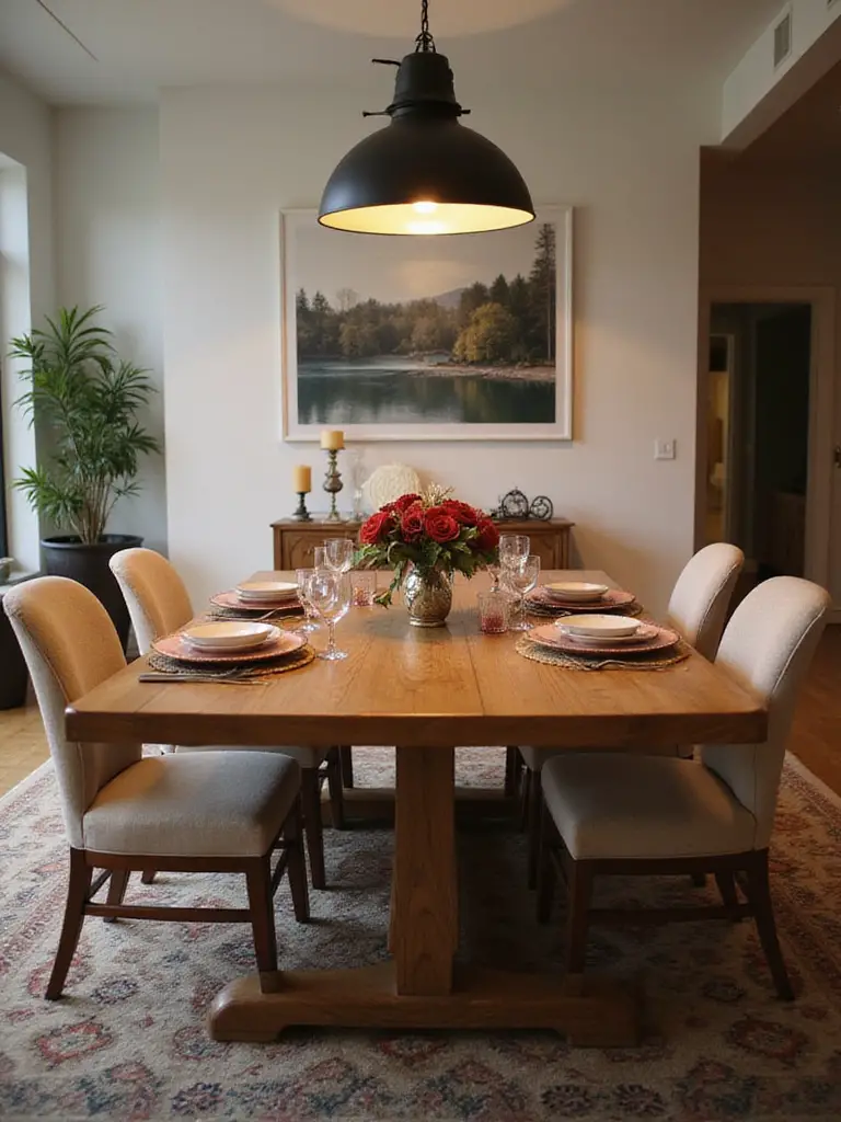 Elegant dining room with a perfectly sized rectangular dining table set for six, showcasing decor and ambiance.