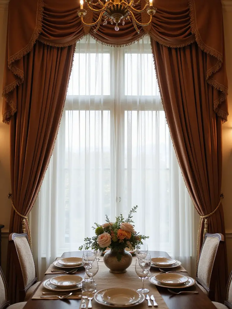 Elegant dining room with sheer linen curtains and velvet drapes creating a warm ambiance.
