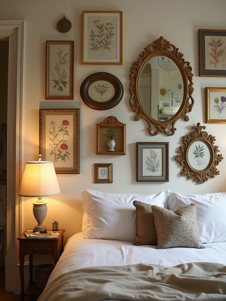 Styled vintage bedroom wall decor featuring eclectic art and mirrors