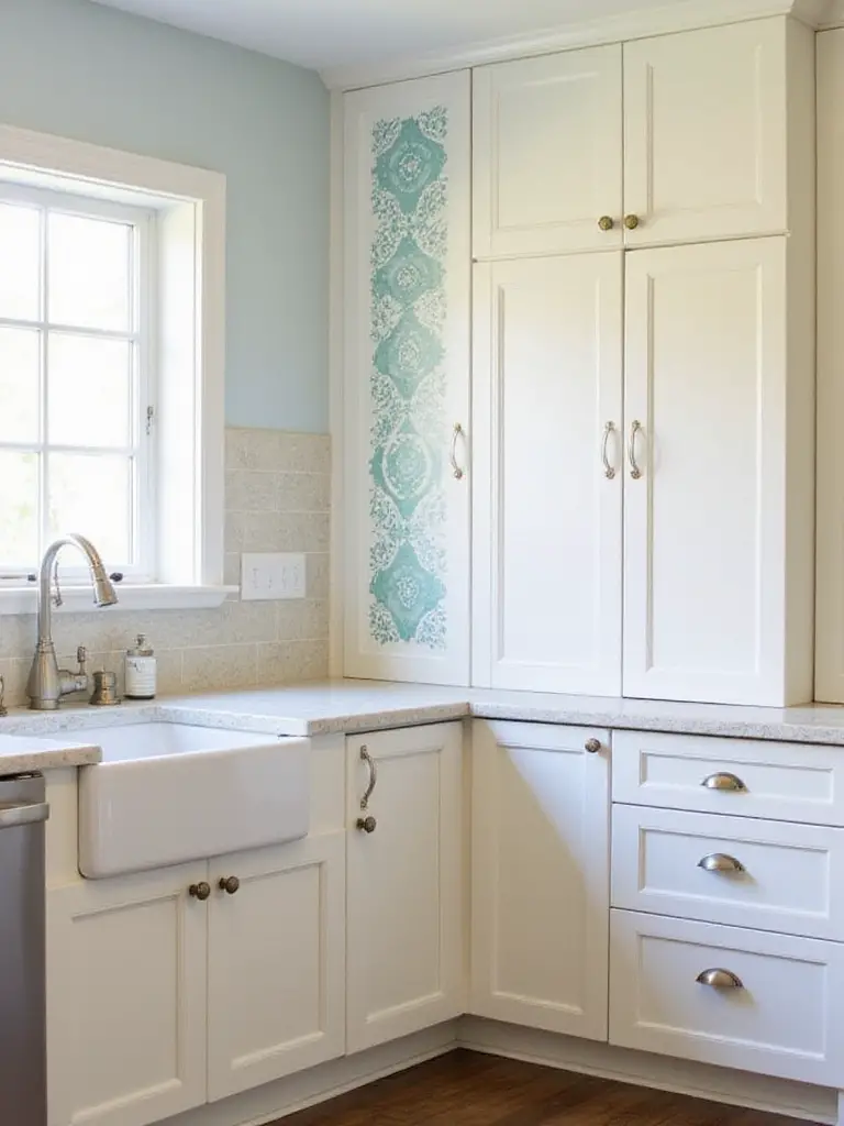 Custom kitchen with stenciled backsplash and hand-painted cabinet accents