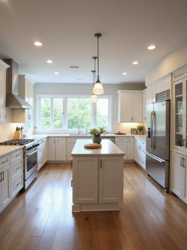 Modern kitchen island strategically positioned to optimize the kitchen work triangle with clear pathways and ergonomic layout
