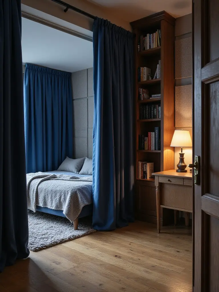 Tranquil apartment bedroom with velvet blackout curtains, plush rugs, acoustic panels, and solid wood furniture designed for soundproofing and noise reduction
