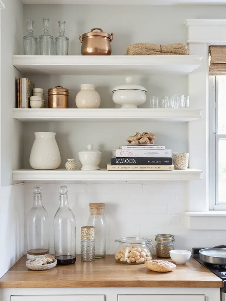 Beautifully styled kitchen shelf with engaging layering and varying heights.