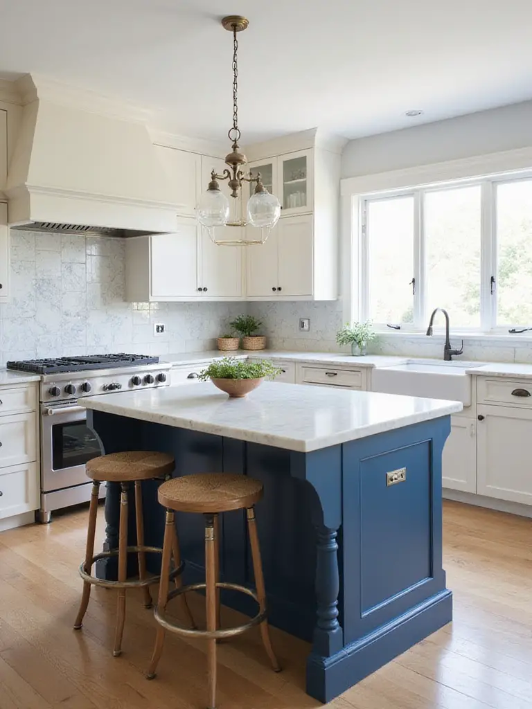 Kitchen with contrasting color island in navy blue against white cabinetry