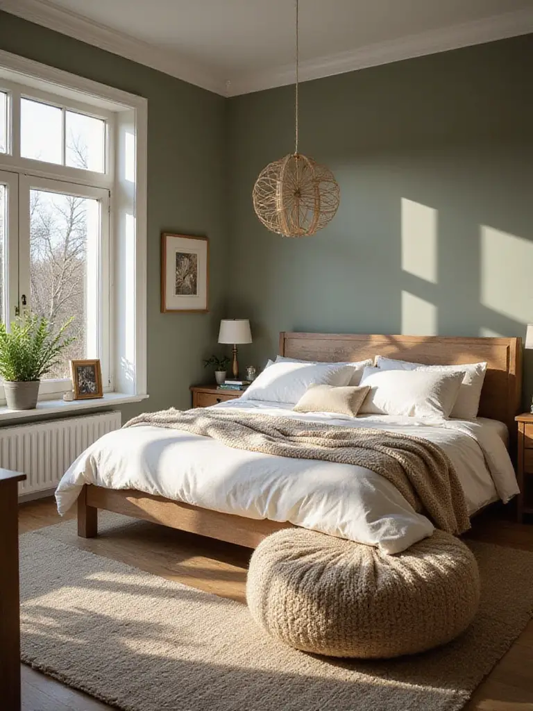 A beautifully styled bedroom showcasing a blend of Scandinavian and Bohemian decor elements.
