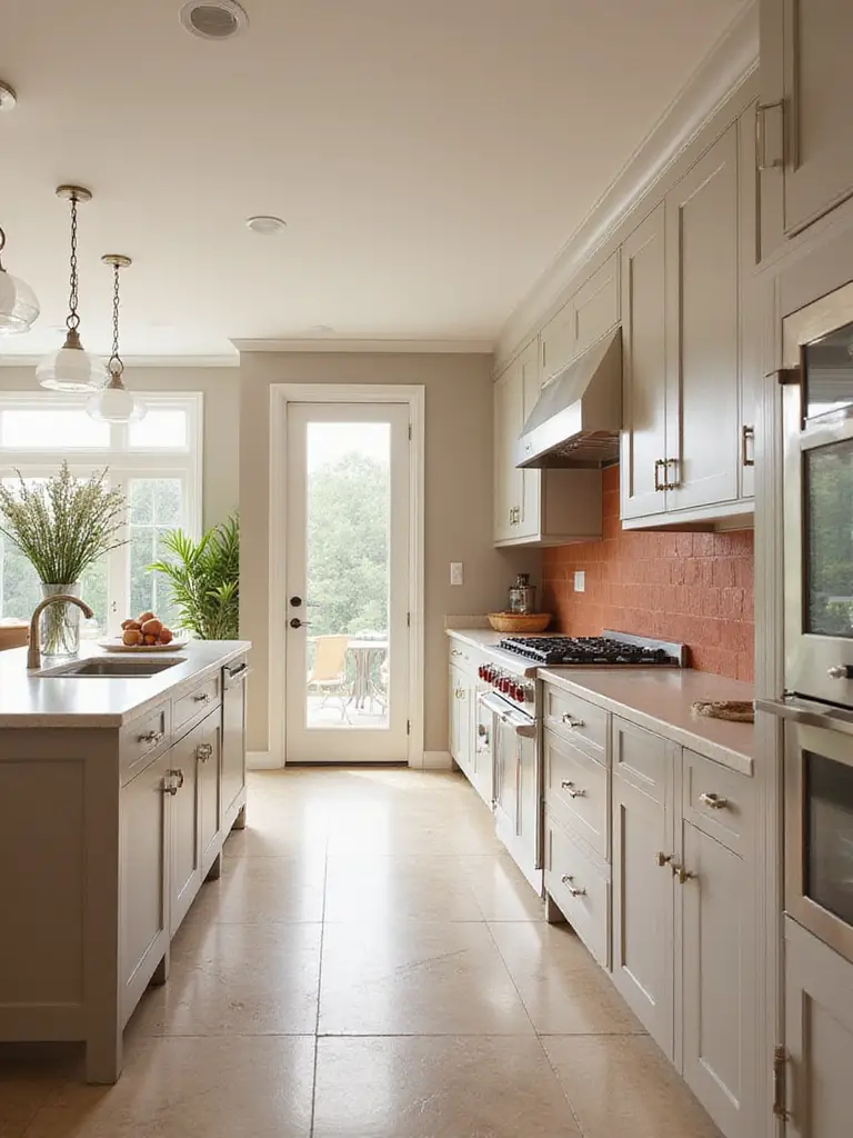 A cohesive kitchen design flowing into an adjoining living space, showcasing a harmonious color palette.
