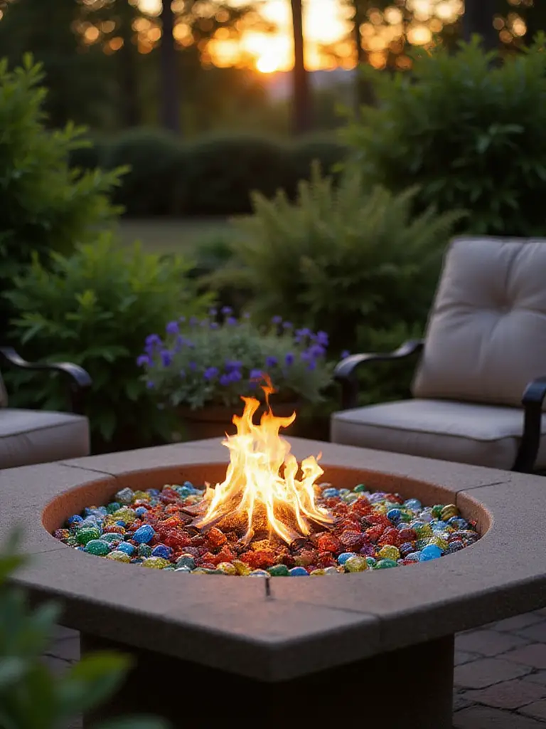 A backyard firepit filled with decorative fire glass, showcasing vibrant colors and reflections.