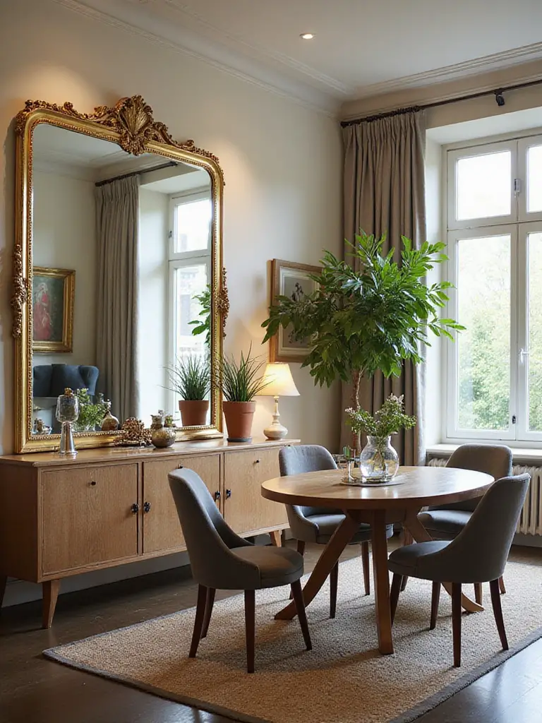 Elegant dining room with strategically placed mirrors reflecting natural light.