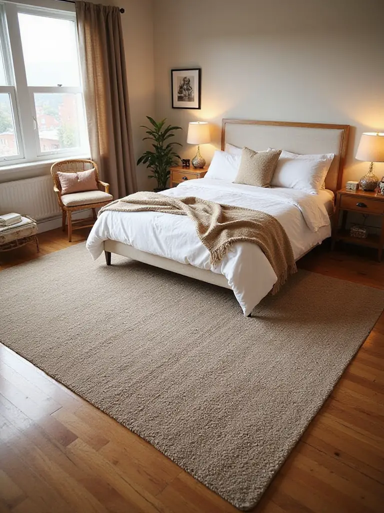 Apartment bedroom with a large area rug under the bed defining the sleeping zone and adding warmth and texture