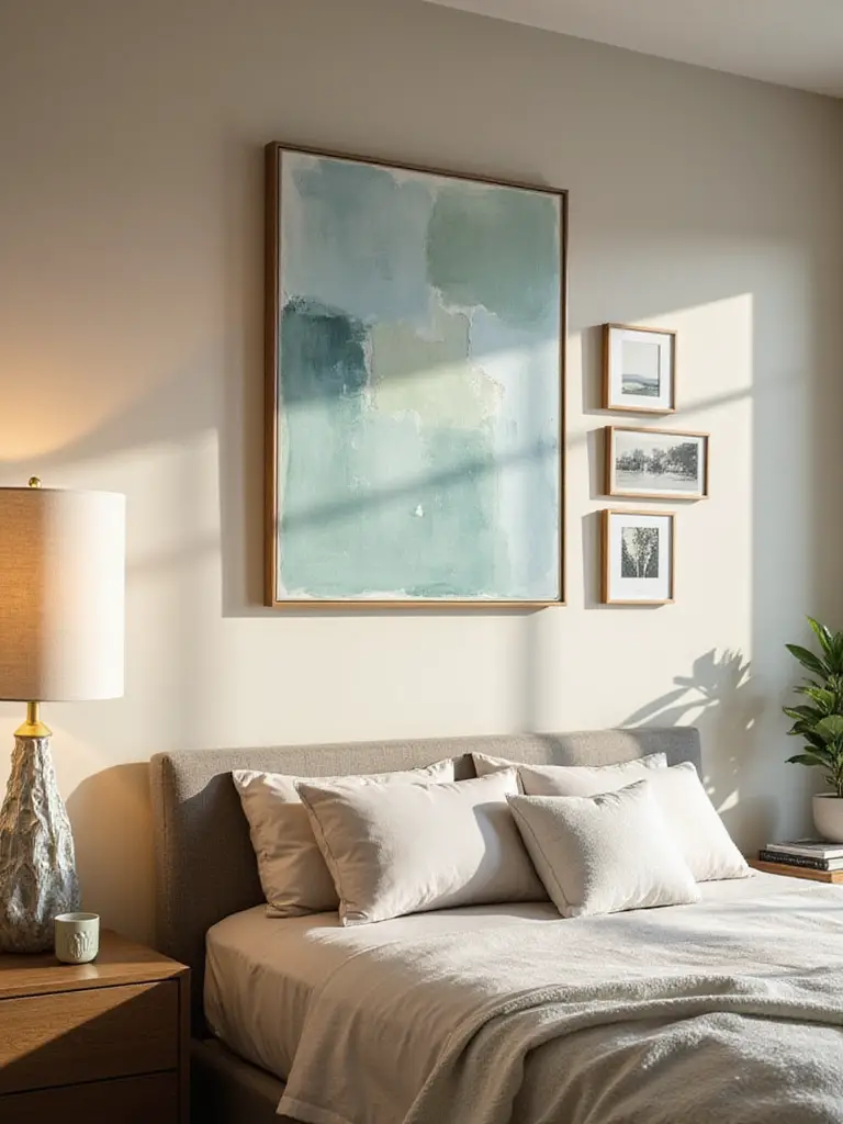 Modern bedroom wall decor featuring asymmetrical balance with abstract painting and framed photos