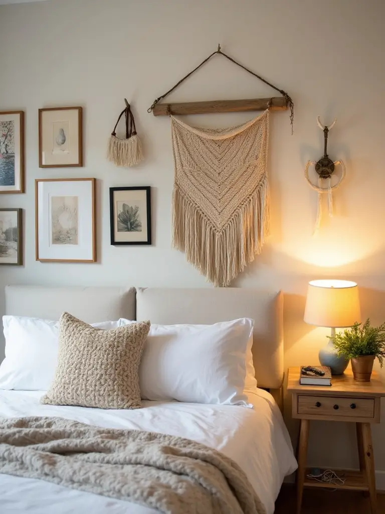 Beautifully decorated rental bedroom wall using damage-free hanging methods.