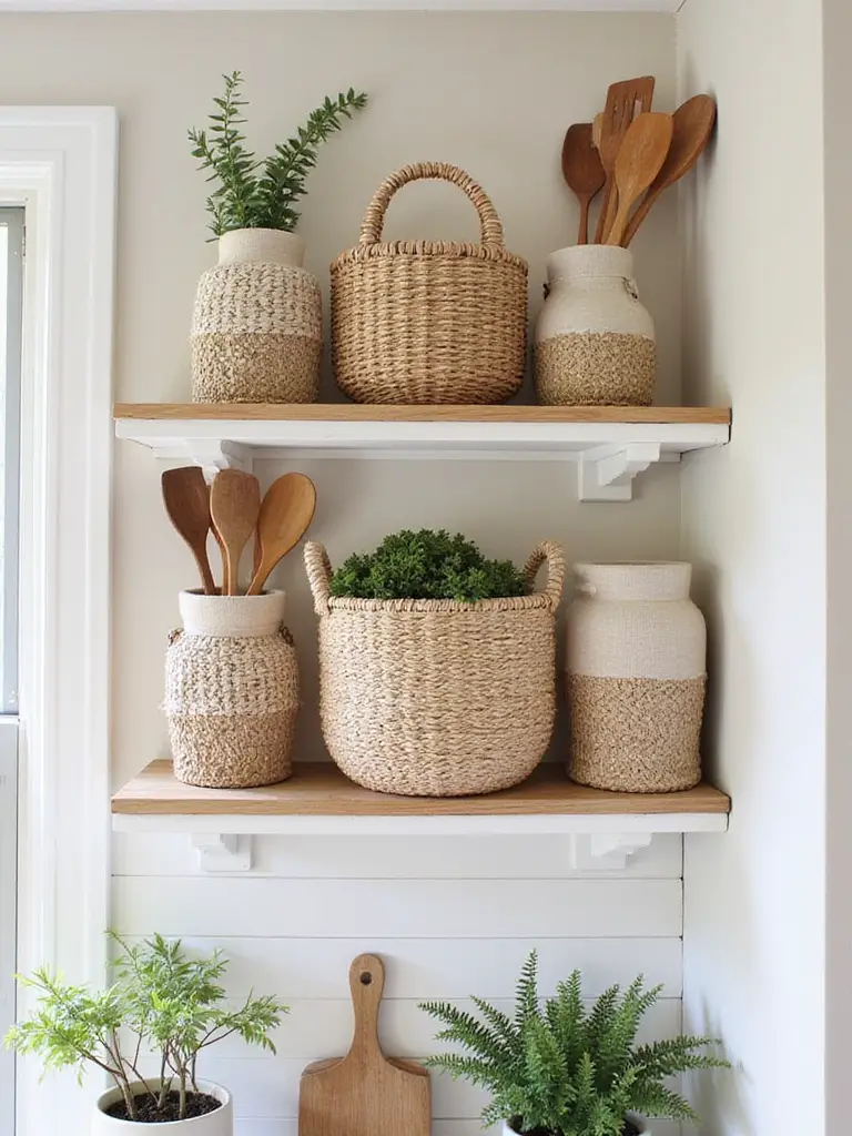 Decorative baskets on a kitchen shelf for clutter concealment