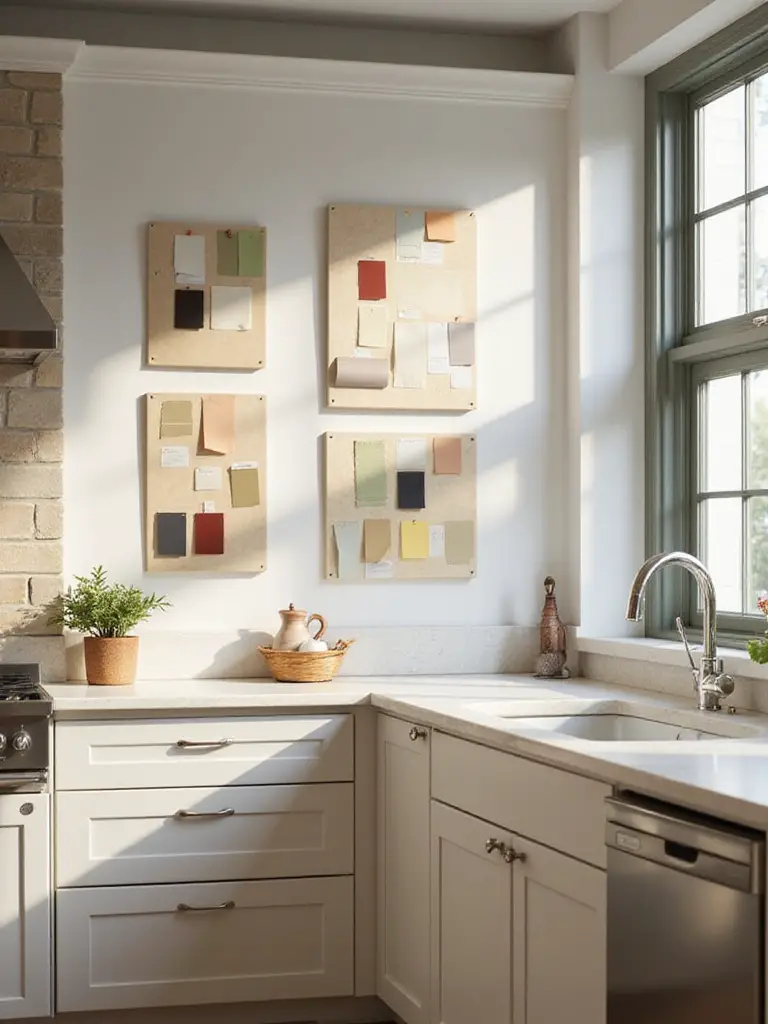 Kitchen with paint swatches displayed on walls under natural light
