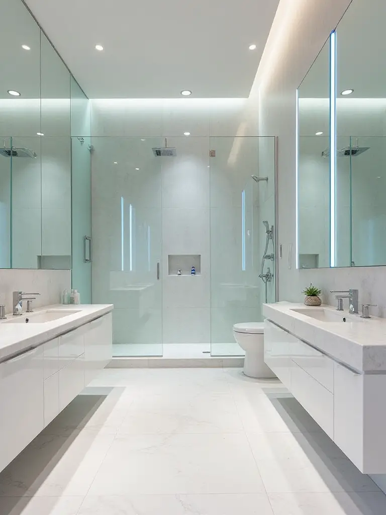 Modern bathroom with large frameless mirrors and polished tiles expanding perceived space
