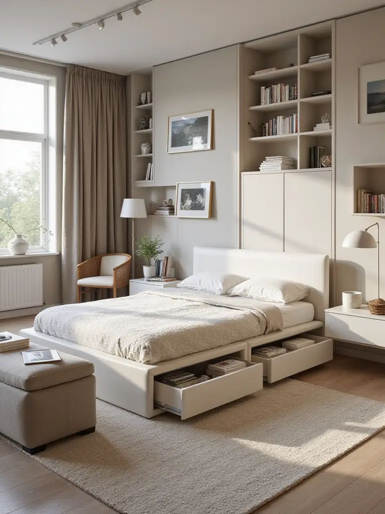 Organized bedroom with smart storage solutions, showcasing serenity and spaciousness.