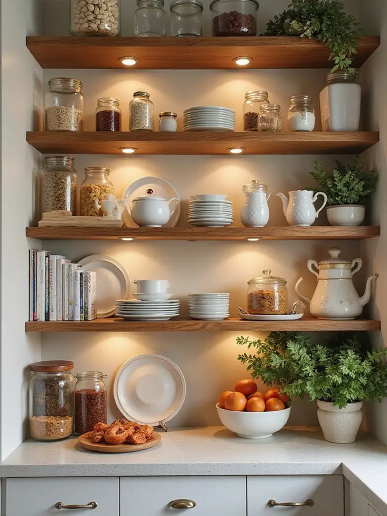 Organized kitchen shelf with stacking and layering techniques