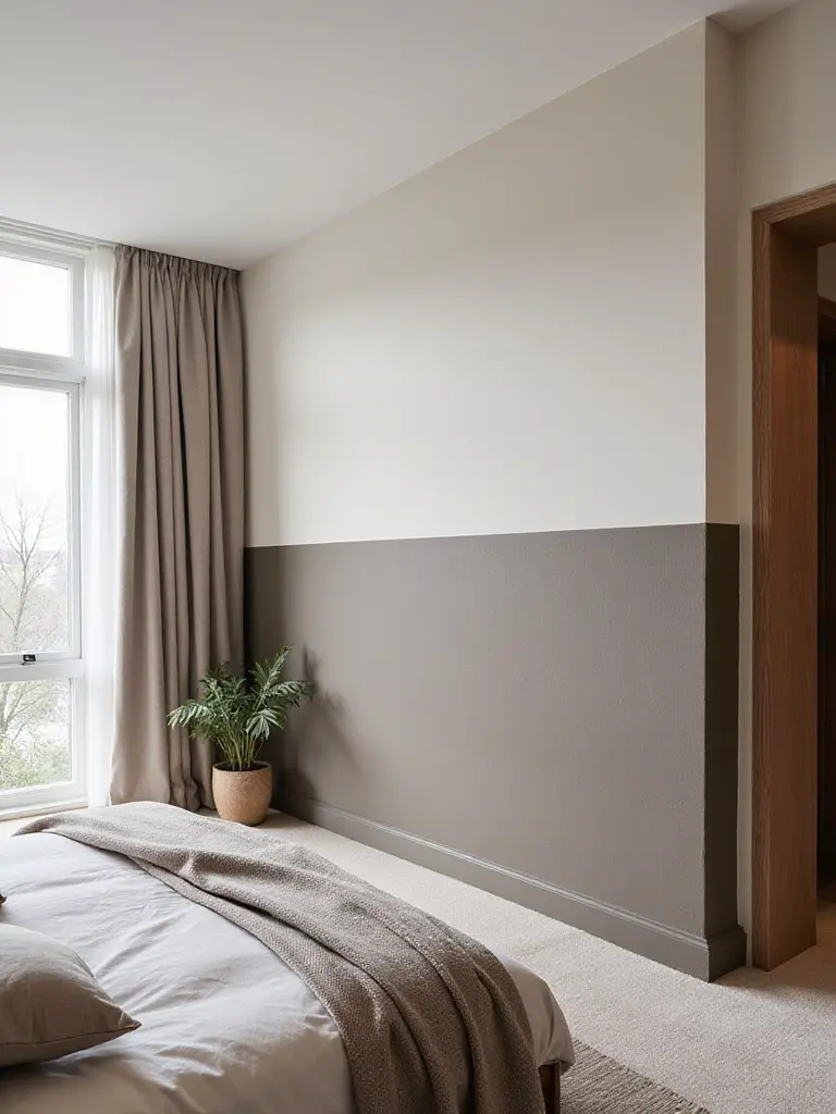 Bedroom with two-tone walls featuring color blocking for added dimension